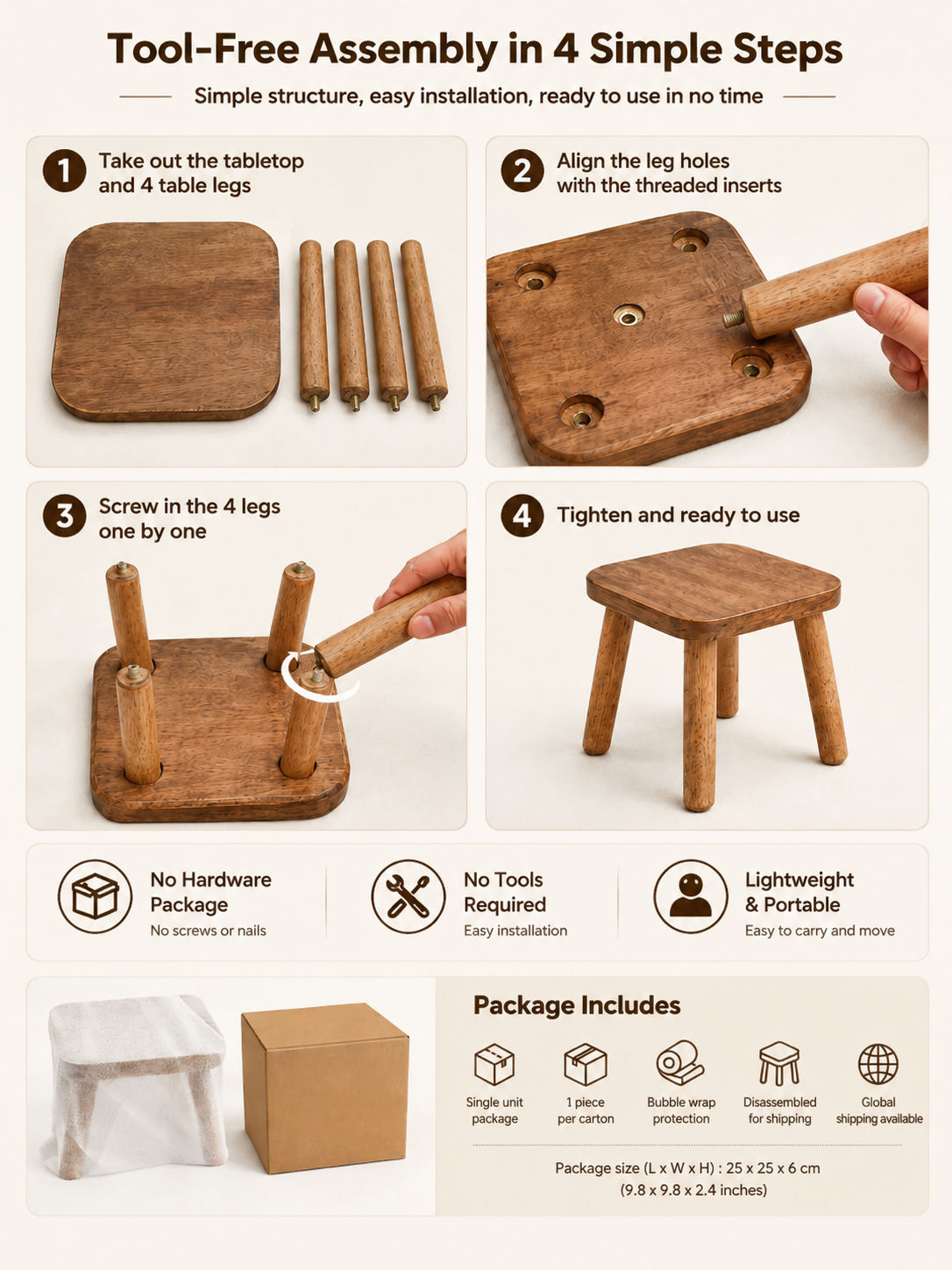 Solid Wood Mini Side Table and Stool – Walnut, 30x30x30cm
