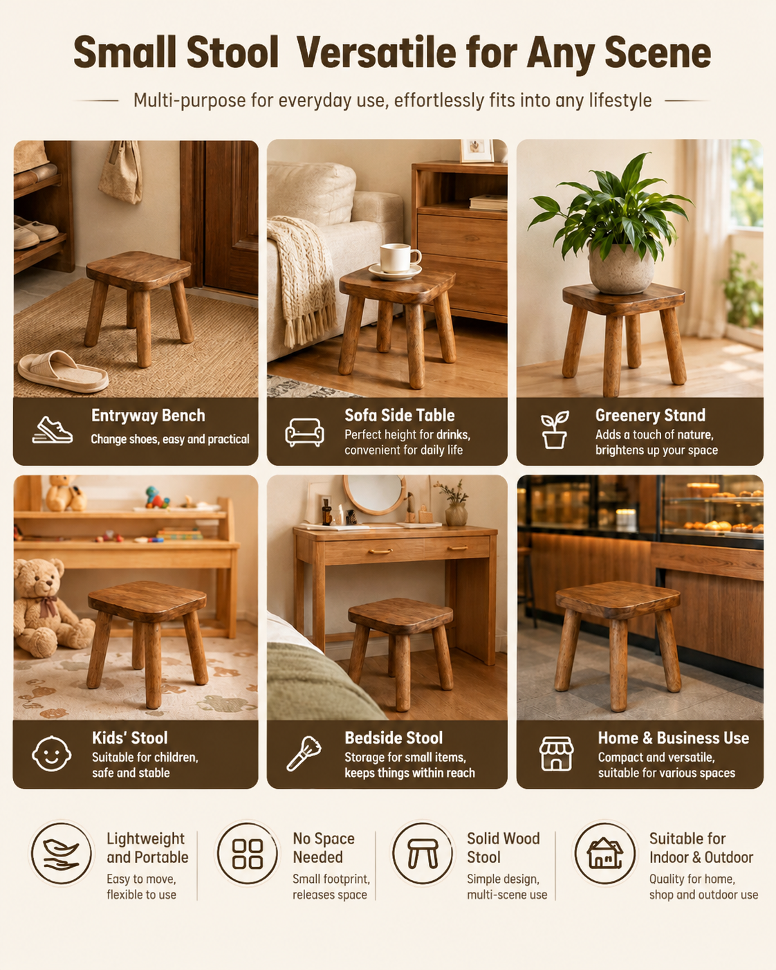 Solid Wood Mini Side Table and Stool – Walnut, 30x30x30cm