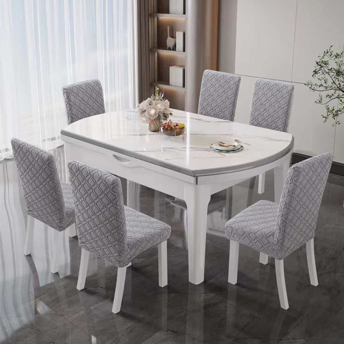 Set of 6 Upholstered Dining Chairs – Solid Wood Legs, Grey