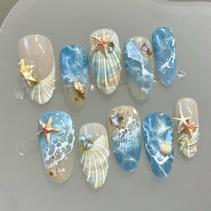 Blue Seaside Decorated False Nails – Seashell and Starfish