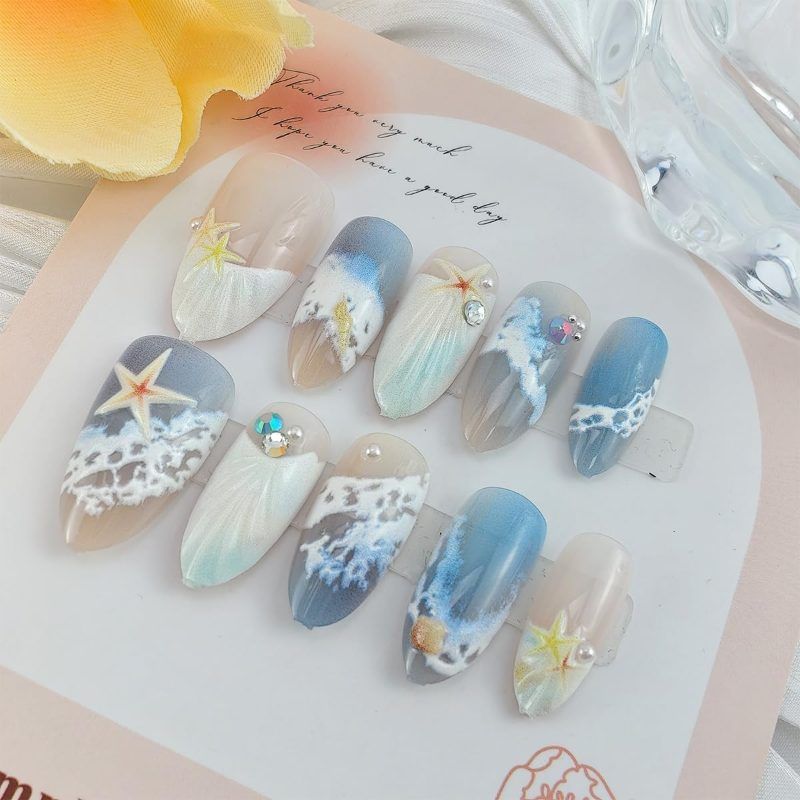 Blue Seaside Decorated False Nails – Seashell and Starfish