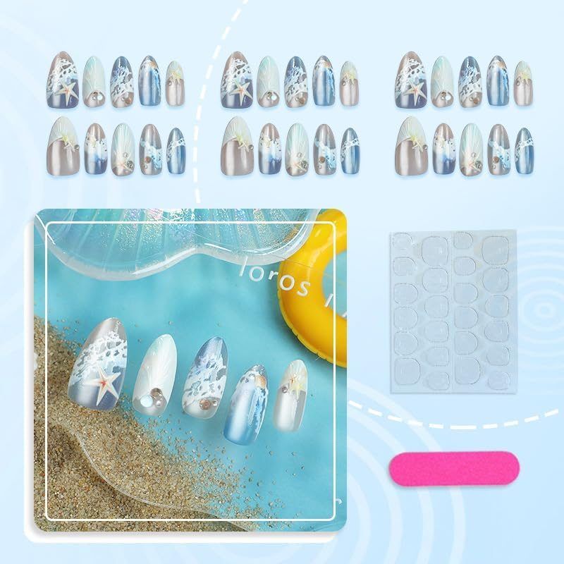 Blue Seaside Decorated False Nails – Seashell and Starfish