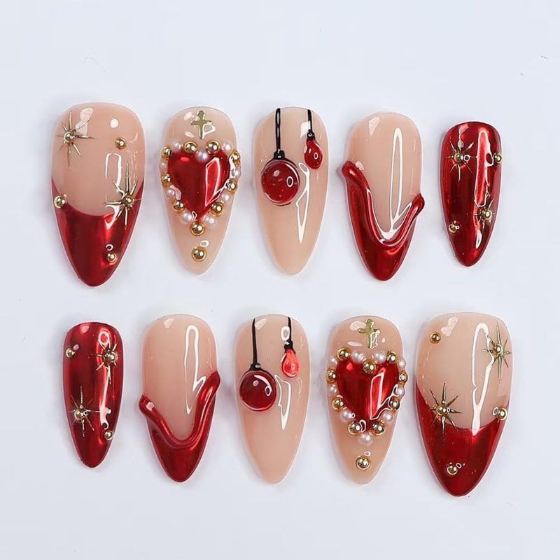 Cherry Heart Embellished Press-On Nails