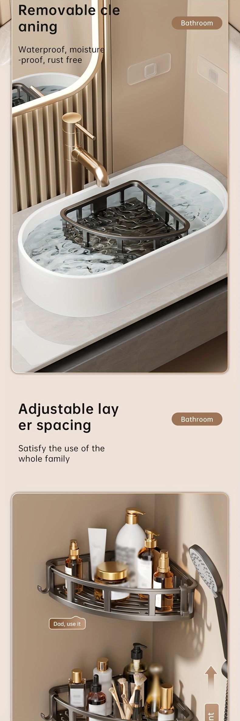 3-Tier Corner Shower Caddy with Hooks – Grey, Rust-Resistant