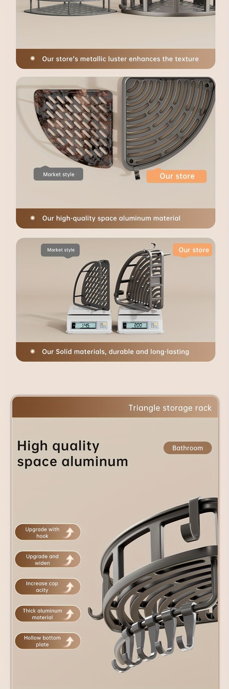 3-Tier Corner Shower Caddy with Hooks – Grey, Rust-Resistant