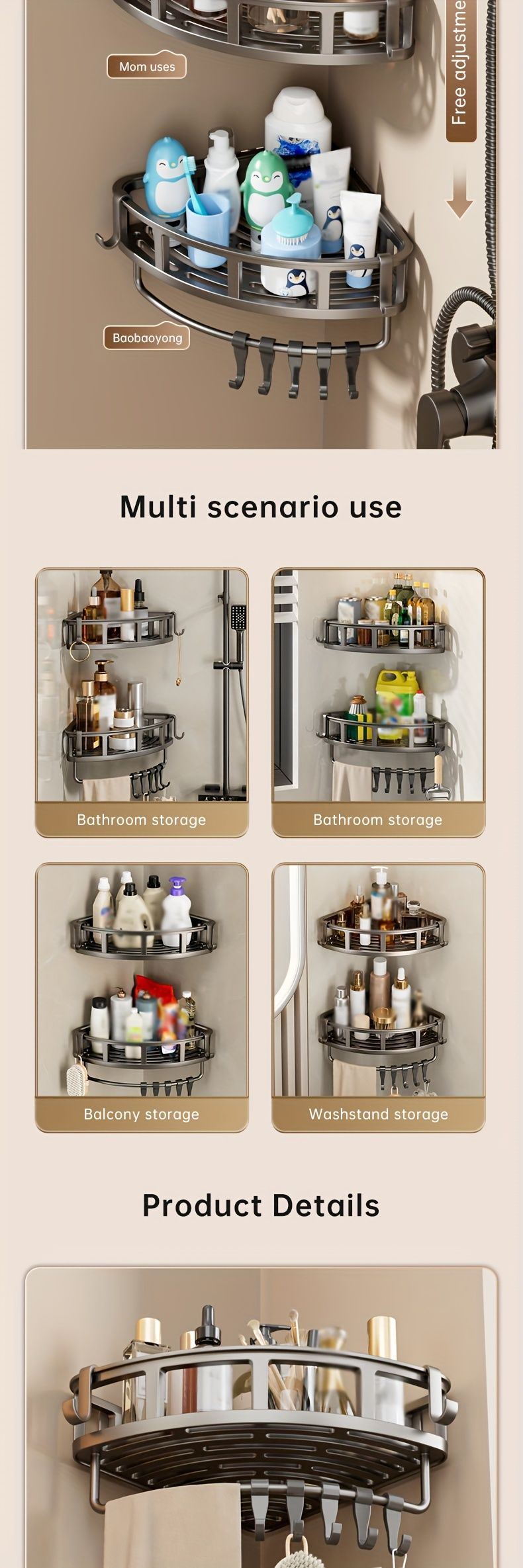 3-Tier Corner Shower Caddy with Hooks – Grey, Rust-Resistant