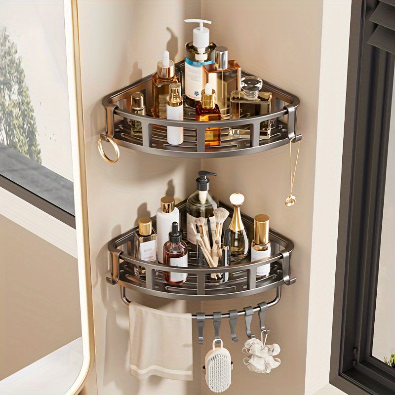 2-Tier Corner Shower Caddy with Hooks and Rod – Grey