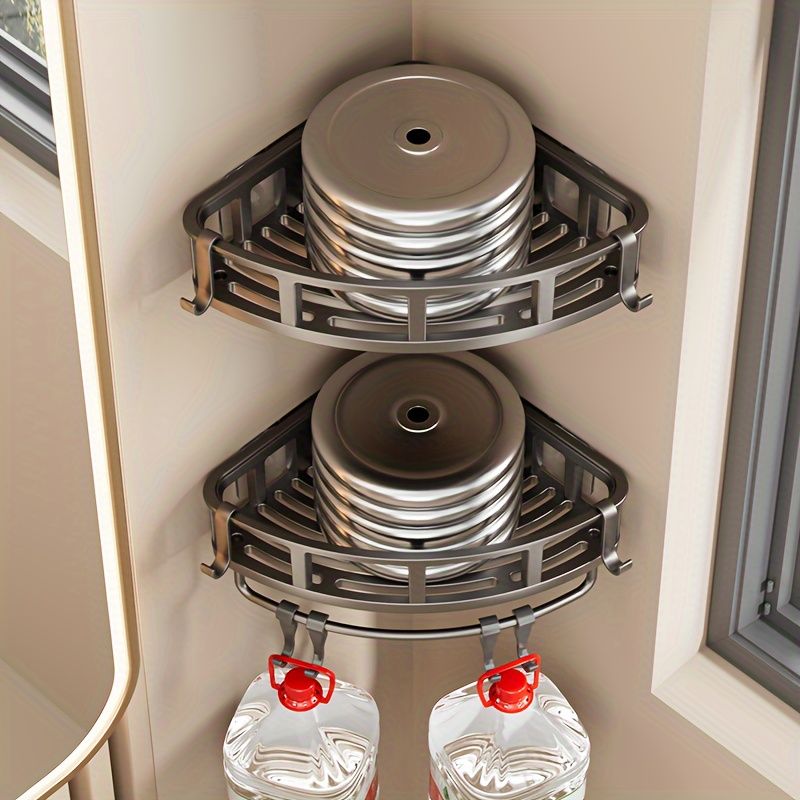 2-Tier Corner Shower Caddy with Hooks and Rod – Grey