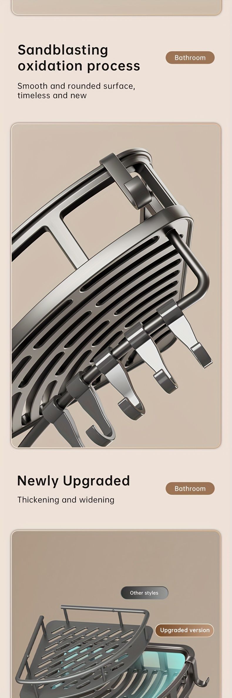 2-Tier Corner Shower Caddy with Hooks and Rod – Grey