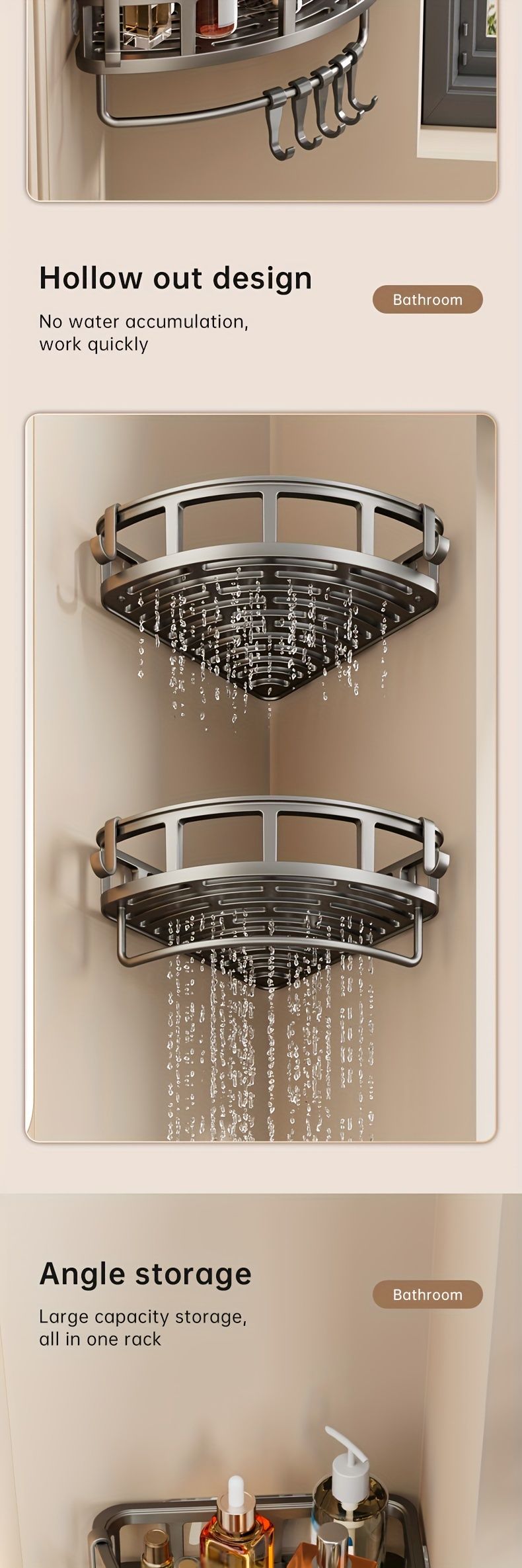 2-Tier Corner Shower Caddy with Hooks and Rod – Grey