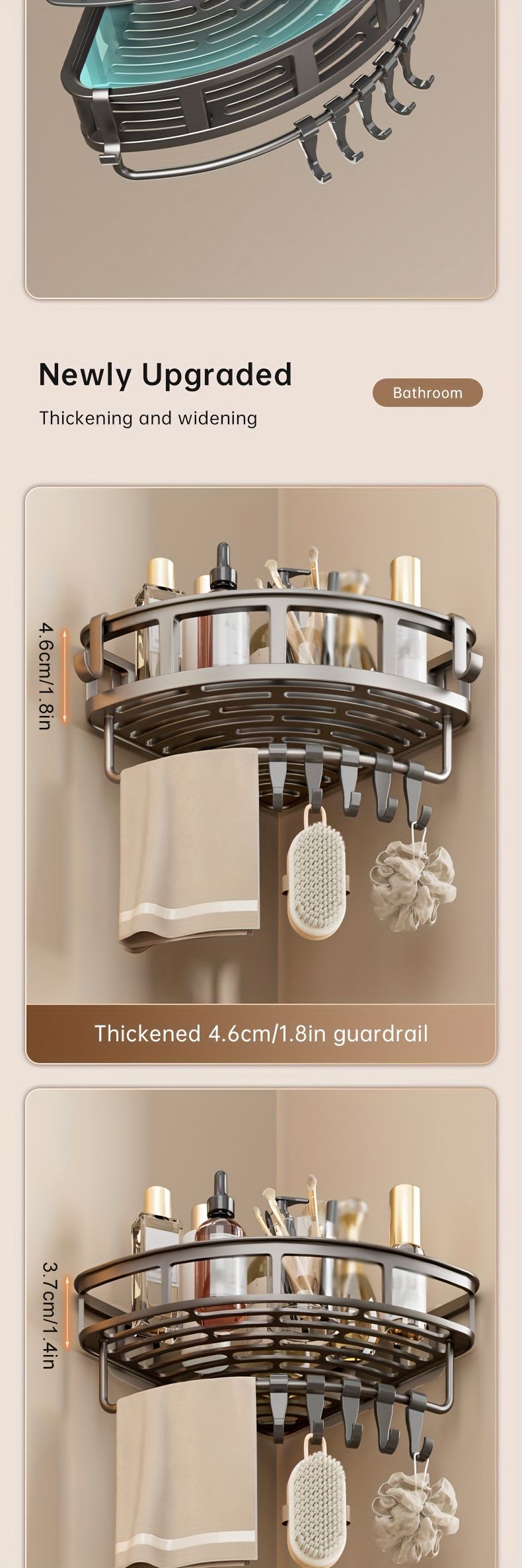 2-Tier Corner Shower Caddy with Hooks and Rod – Grey
