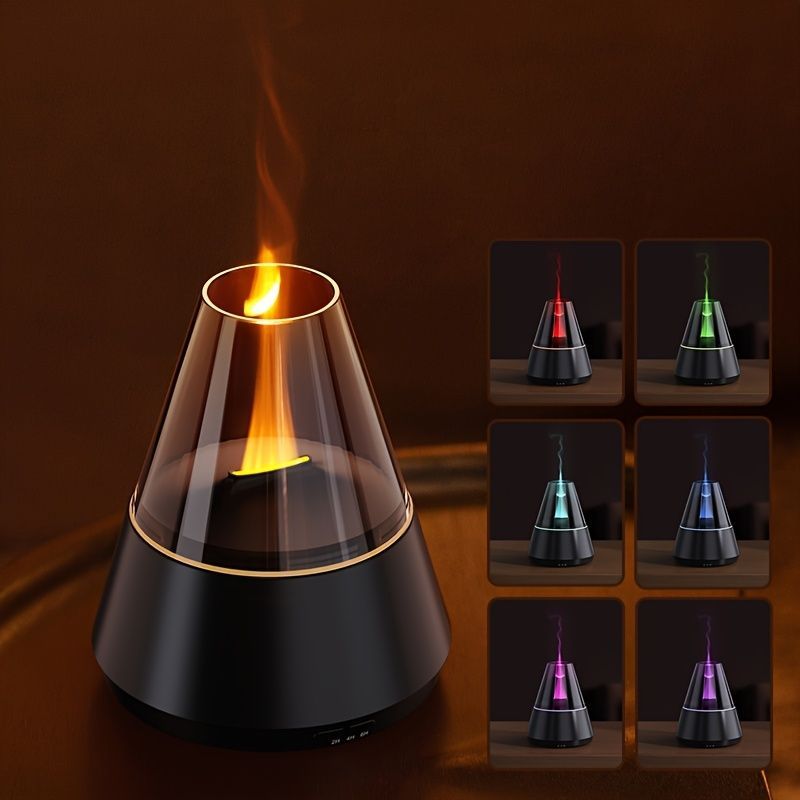 Flame Aroma Diffuser – 7 Colour LED, Black, Includes 2 Essential Oils