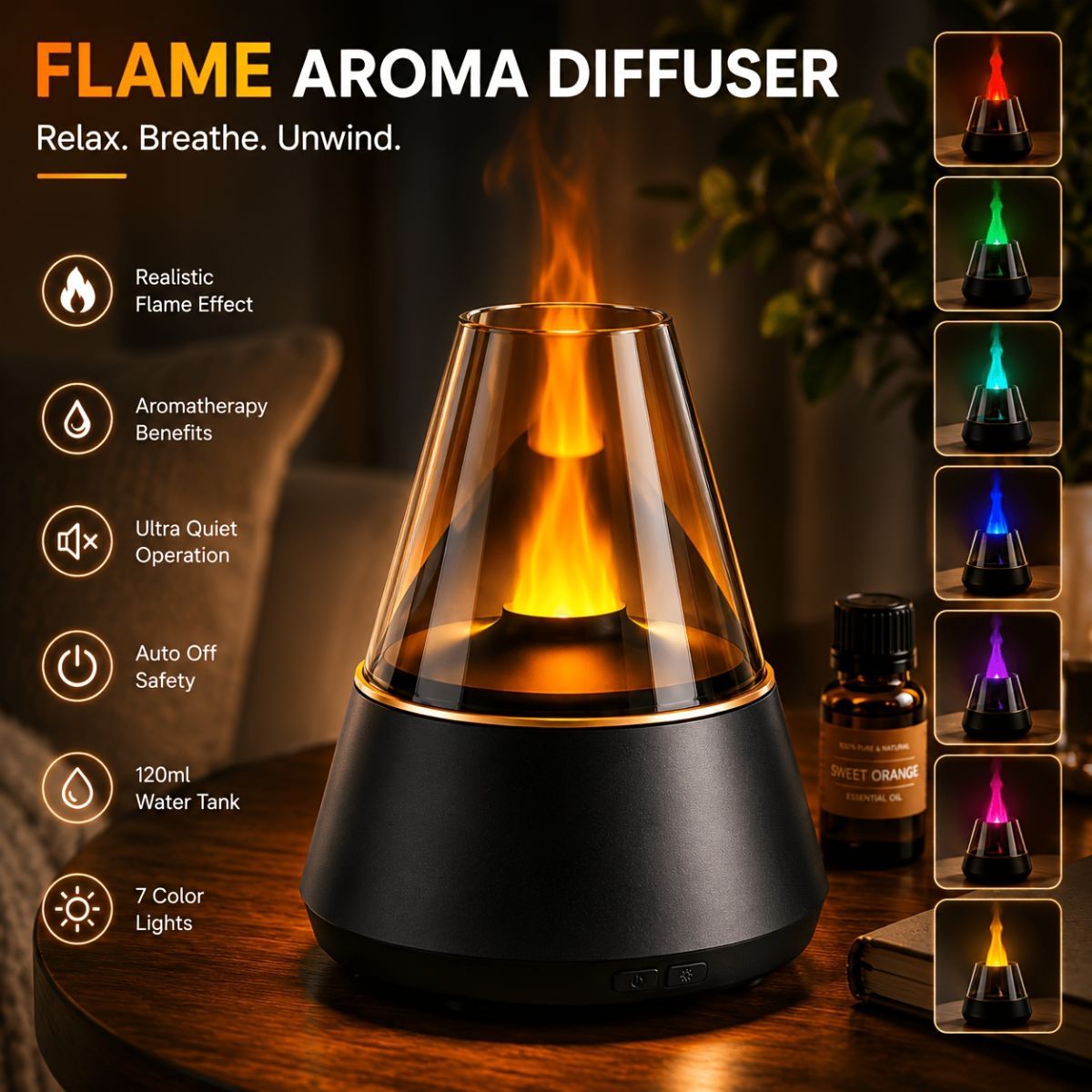 Flame Aroma Diffuser – 7 Colour LED, Black, Includes 2 Essential Oils