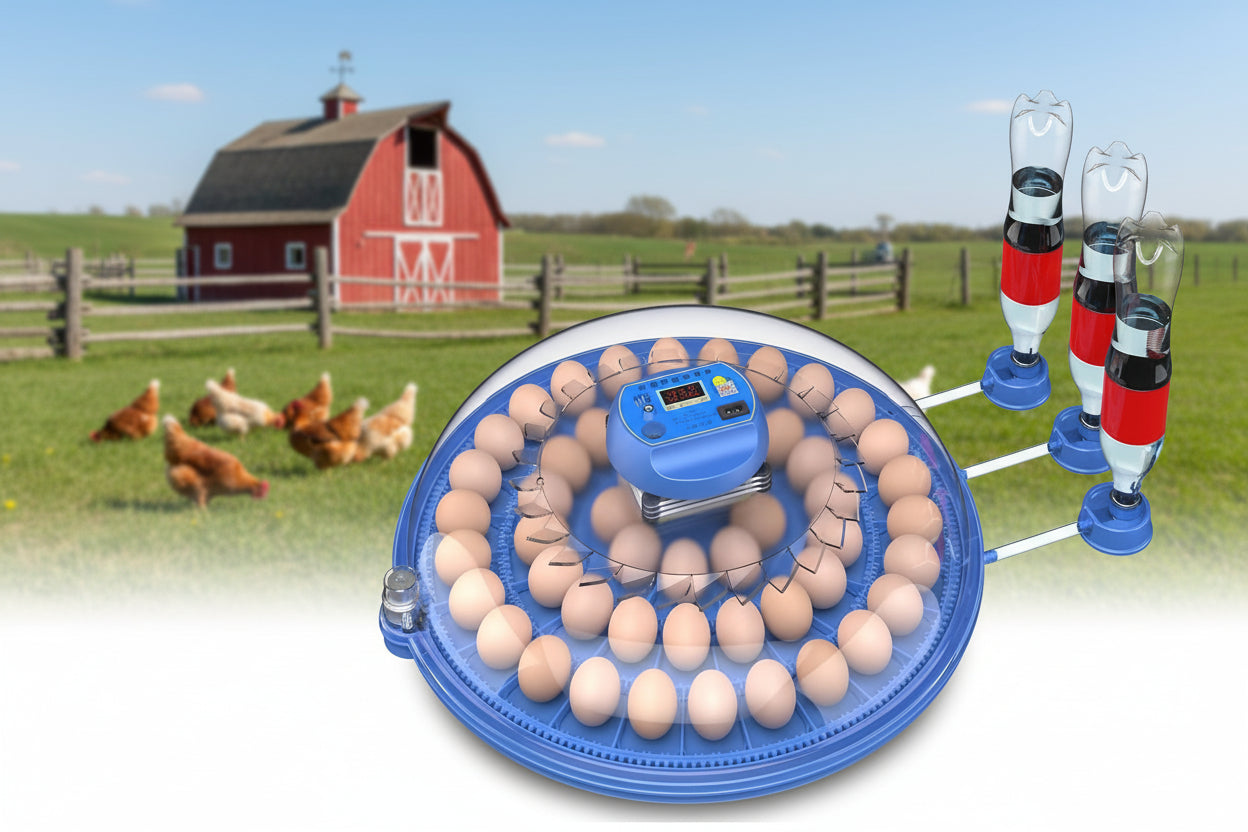Egg incubator with digital display and egg turners with a farm in background