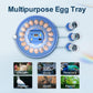 Multipurpose egg tray with various bird species images below on a light blue background