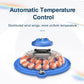 Blue and white device with distributed wind wings and text about automatic temperature control on a white background.