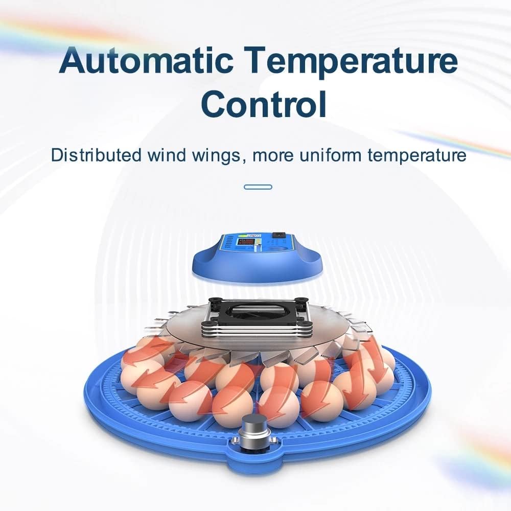 Blue and white device with distributed wind wings and text about automatic temperature control on a white background.