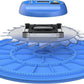 Blue circular device with a digital display on a white background
