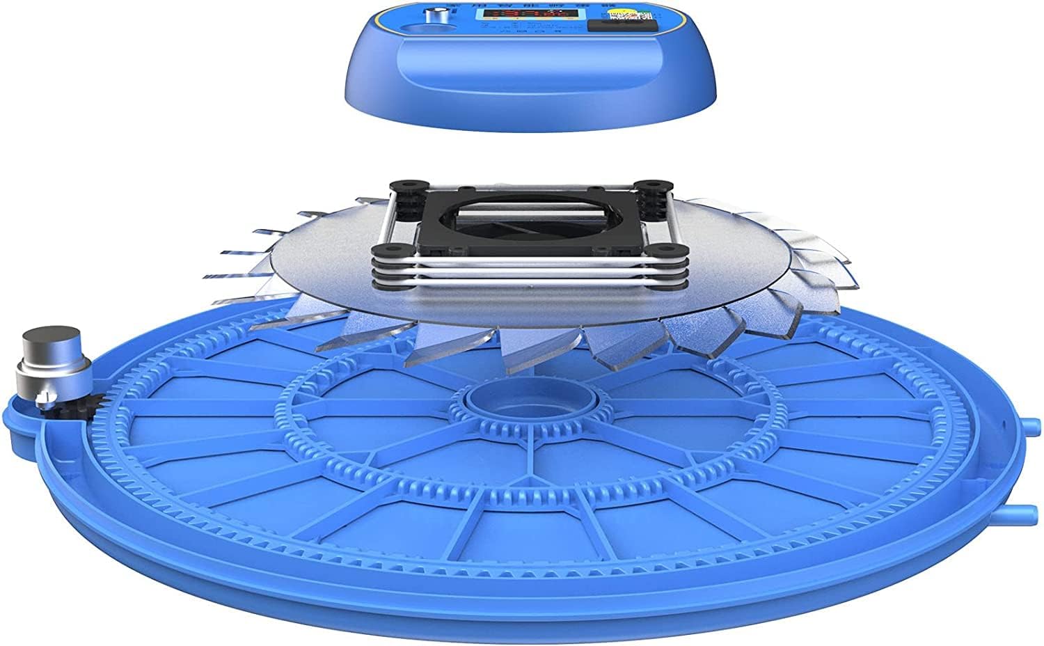 Blue circular device with a digital display on a white background