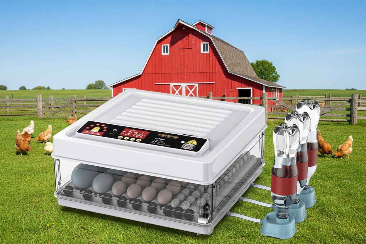 Egg incubator with farm in the background