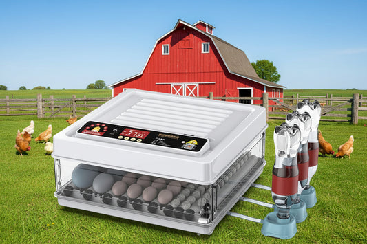 Egg incubator with farm in the background