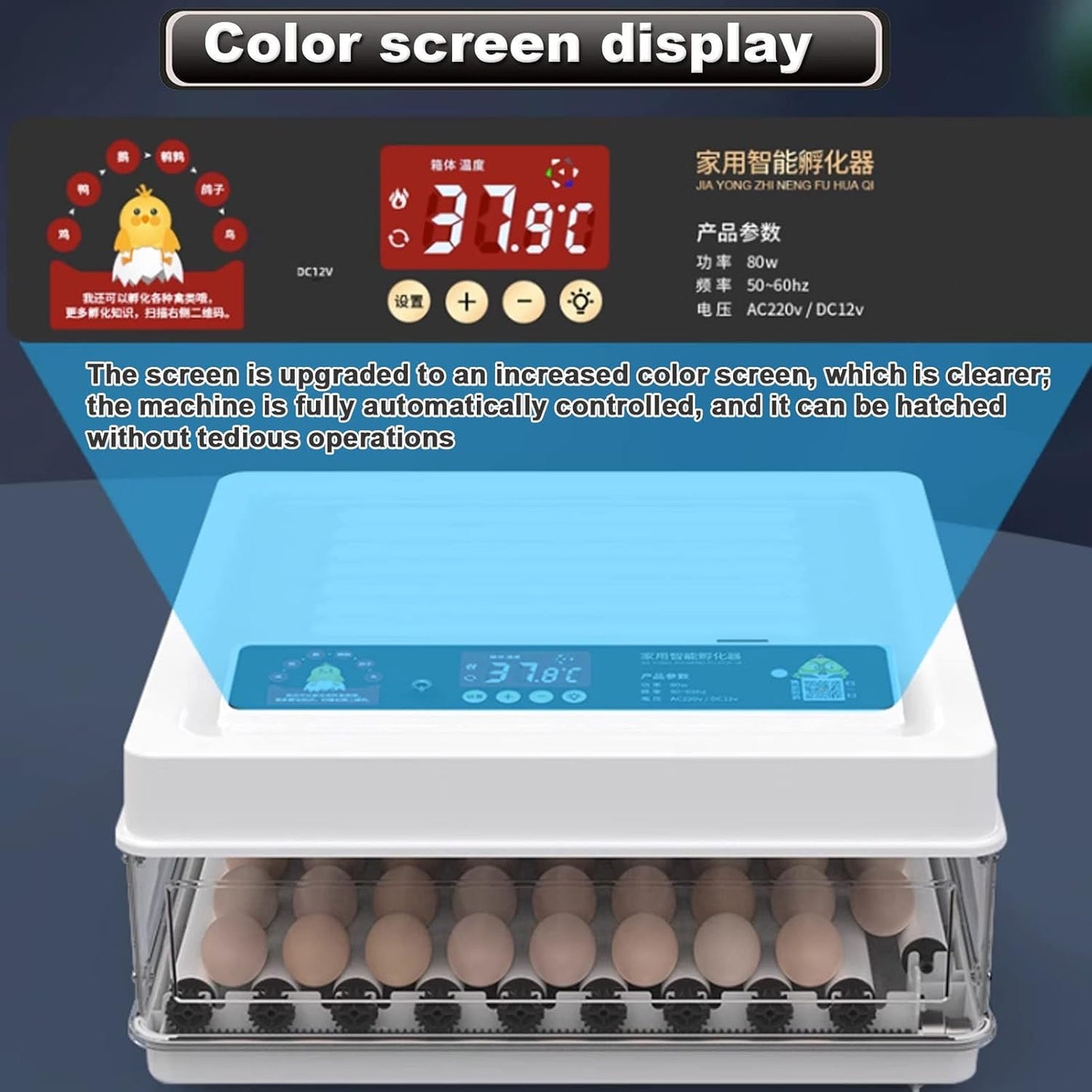 Egg incubator with digital display and color screen upgrade feature.