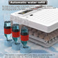 Egg incubator with automatic water refill system and water bottles.