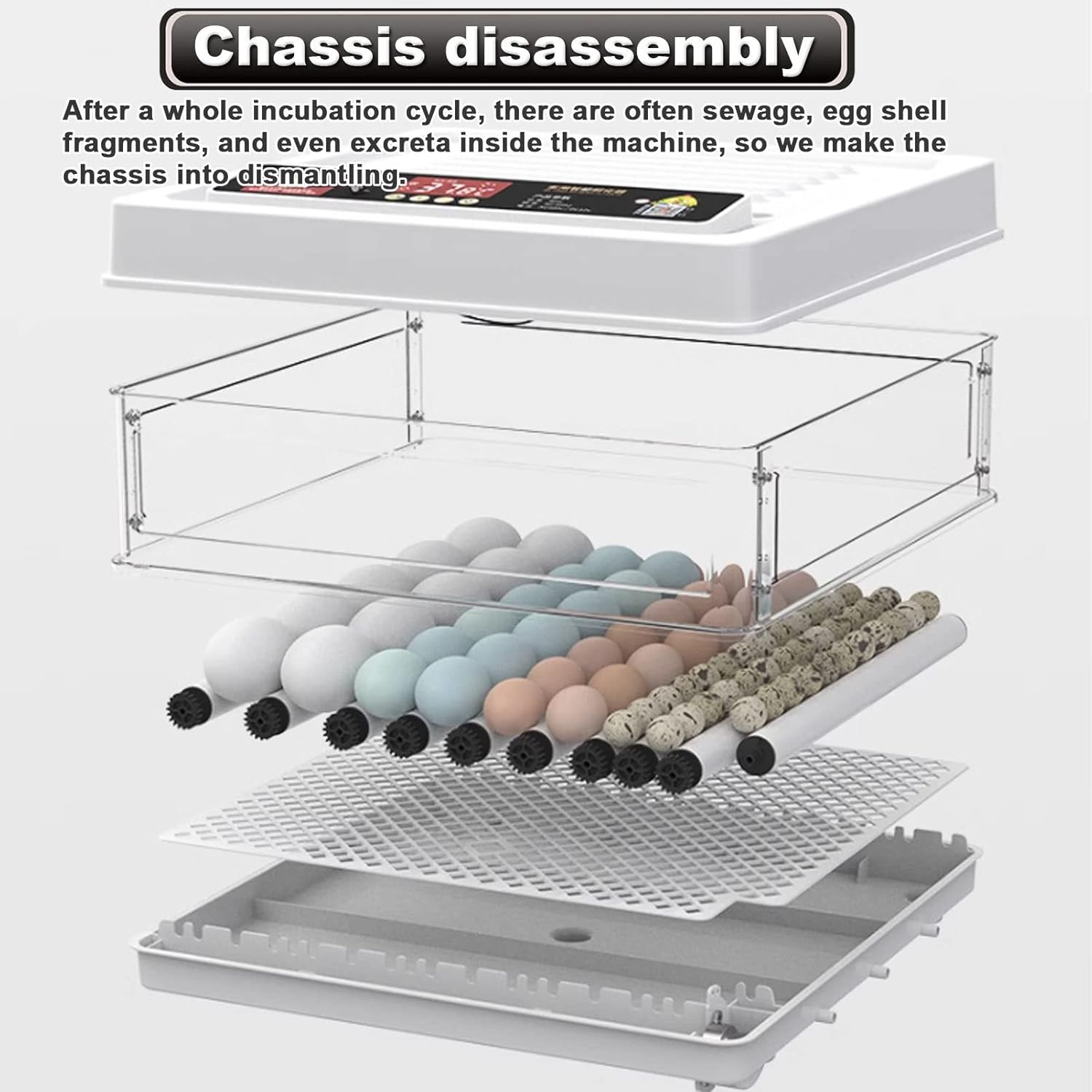 Egg incubator chassis with eggs and cleaning components on a white background