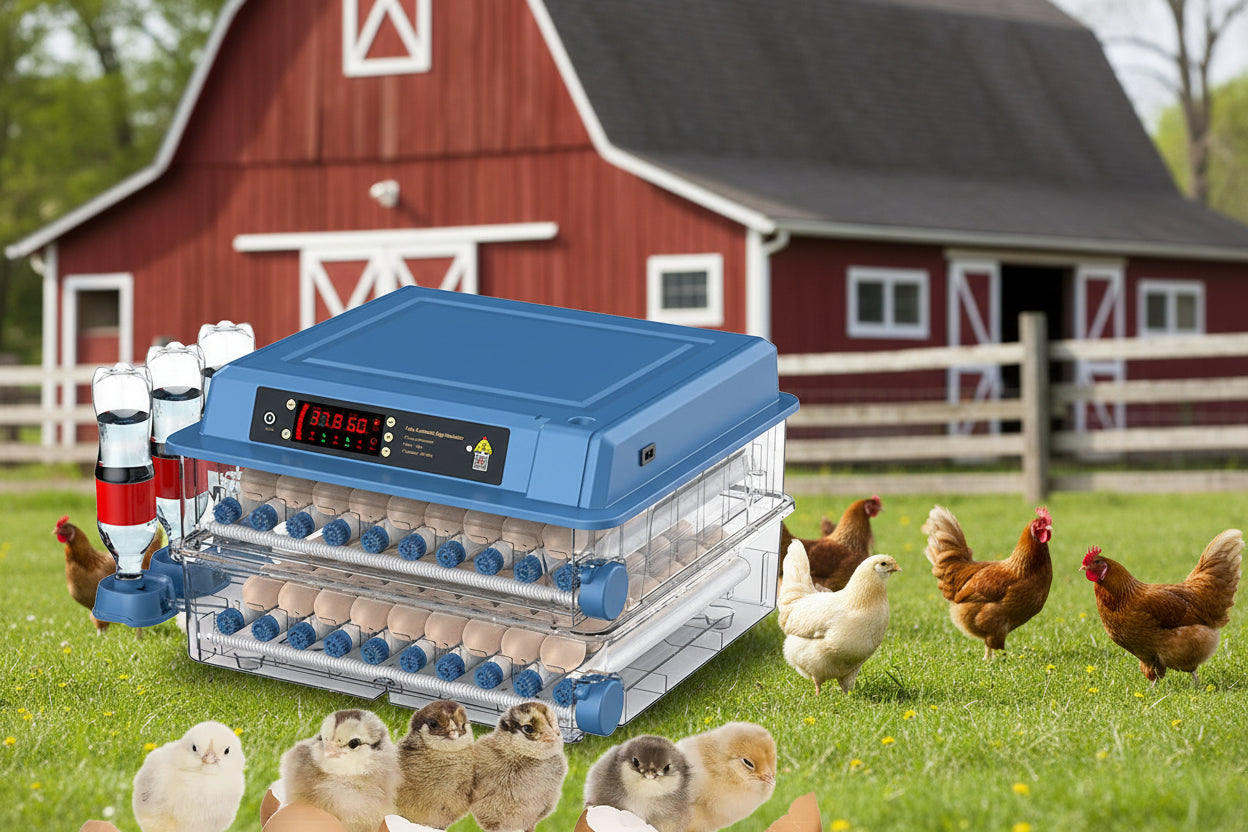 Egg incubator with digital display with farm in the background