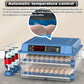 Blue egg incubator with digital display and water bottles on a tiled floor.