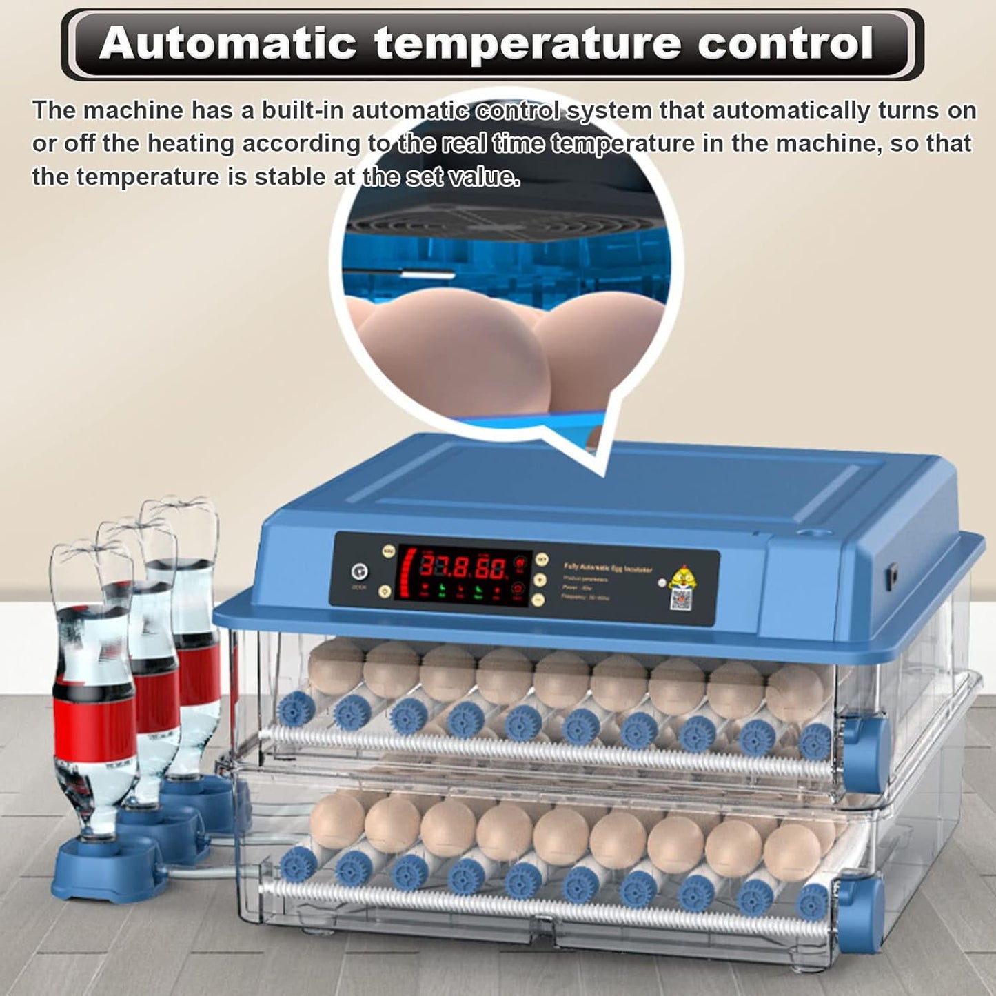 Blue egg incubator with digital display and water bottles on a tiled floor.