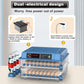 Blue egg incubator with dual electrical design features on a gray background