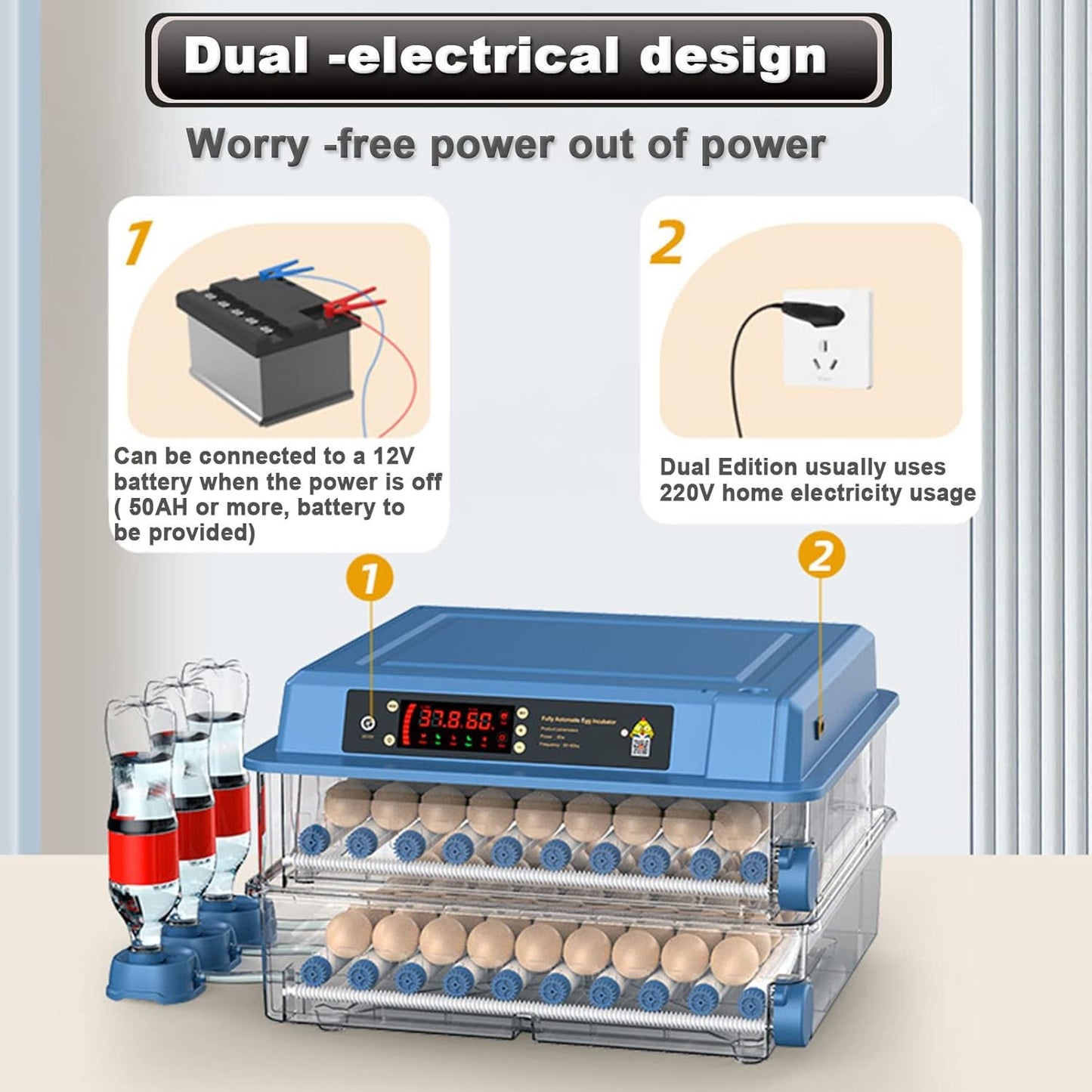 Blue egg incubator with dual electrical design features on a gray background