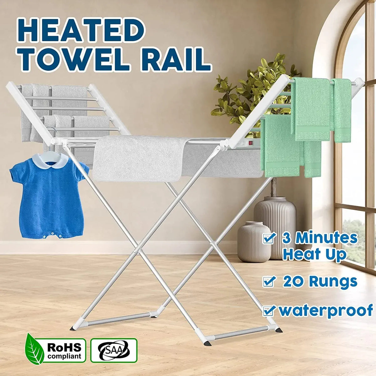 220W Electric Heated Towel Rack – 20 Bars, White and Silver
