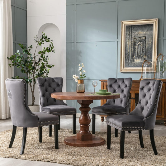 8x Velvet Dining Chairs Upholstered Tufted Kithcen Chair with Solid Wood Legs Stud Trim and Ring-Gray