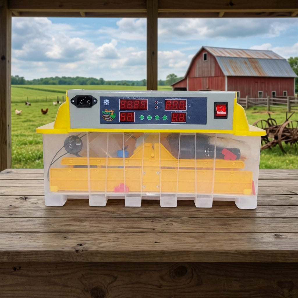 Yellow and gray incubator with digital display on a white background