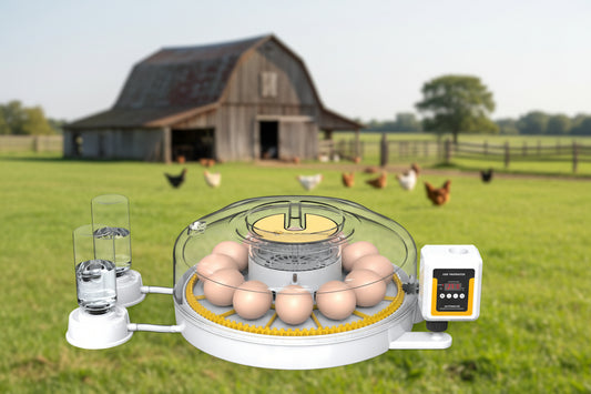 Egg incubator with eggs with a farim in the background