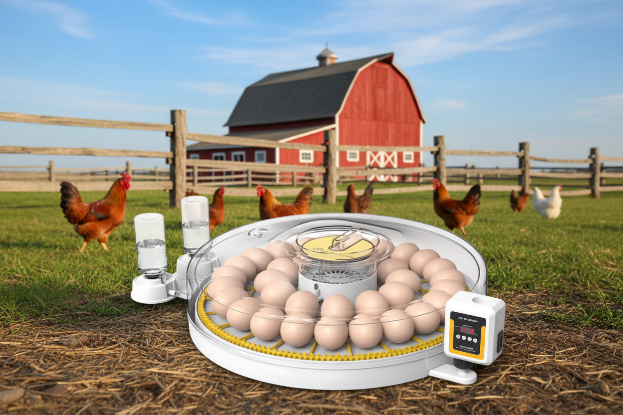 Egg incubator with eggs  with a farm in the background