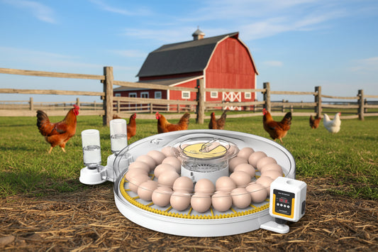 Egg incubator with eggs  with a farm in the background