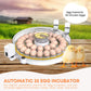 Automatic 35 egg incubator with eggs and chicks on a wooden surface, set against a scenic background.