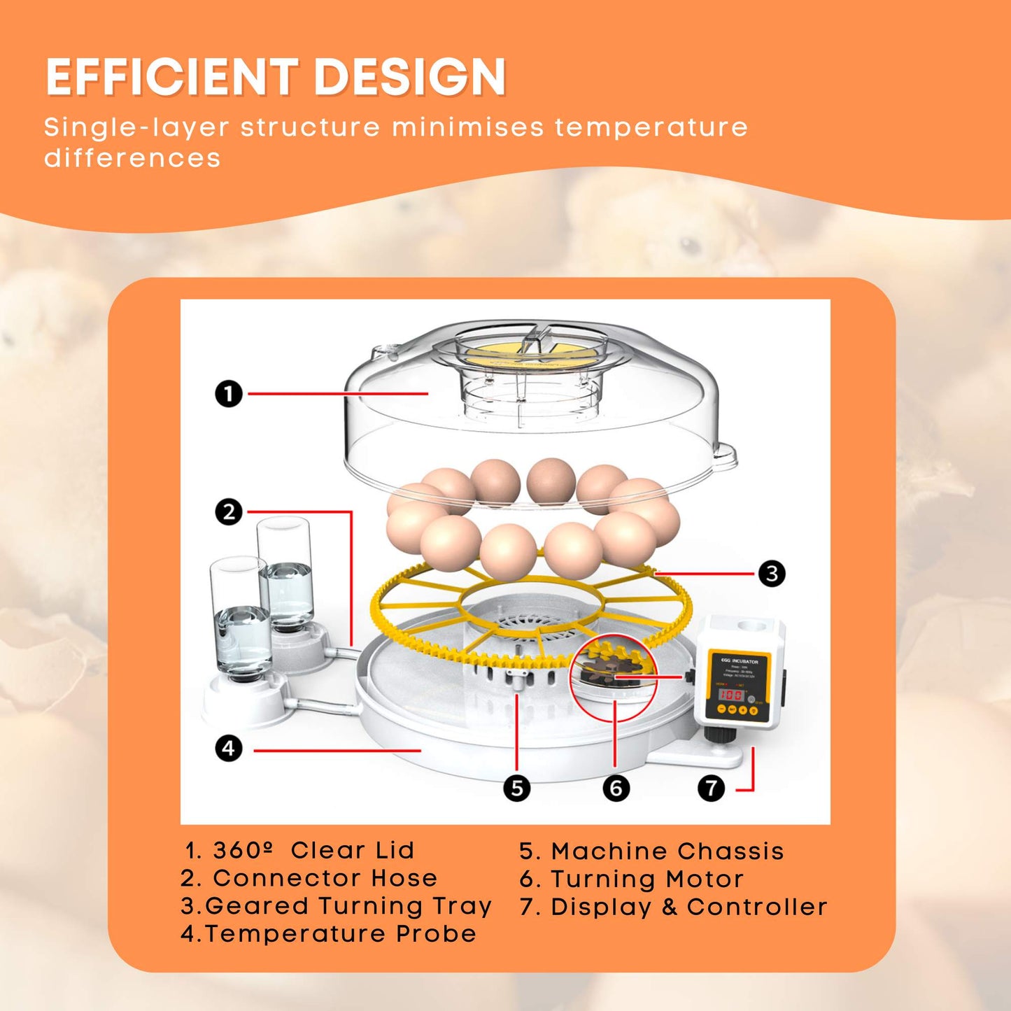 Diagram of an egg incubator with labeled parts on a beige background