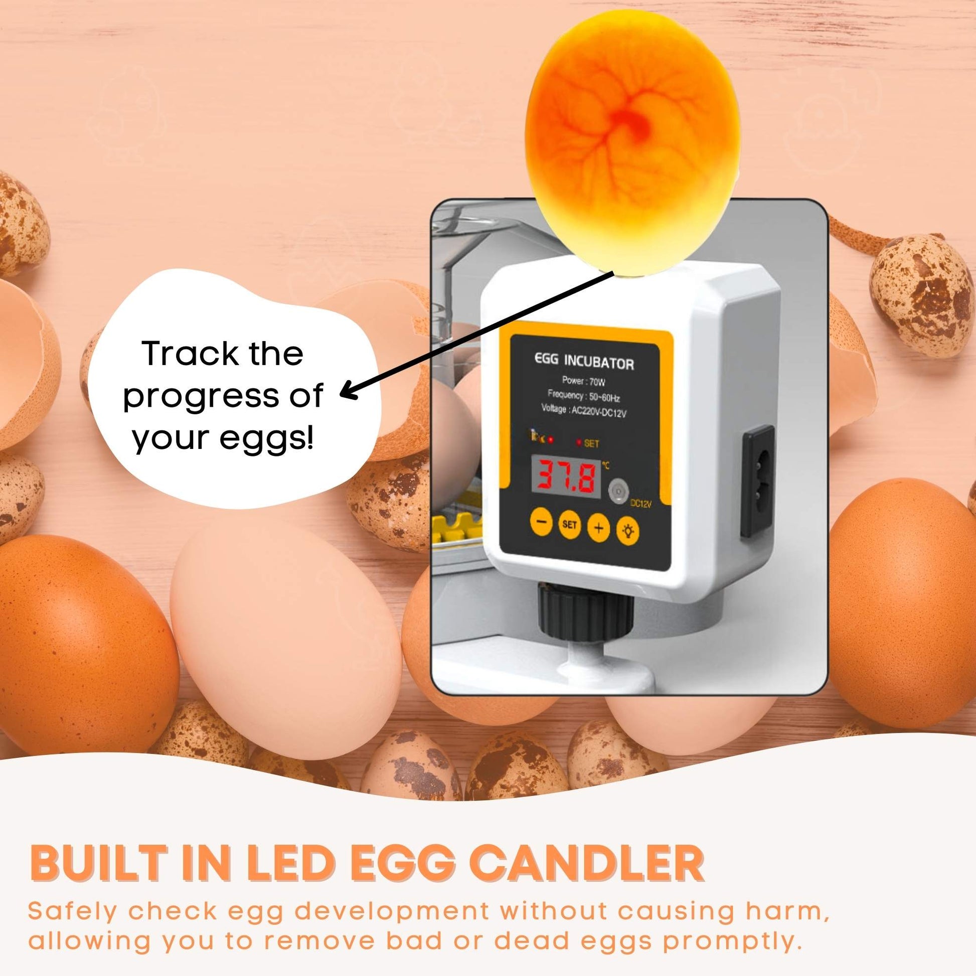 Egg incubator with LED candle feature surrounded by eggs on a peach background