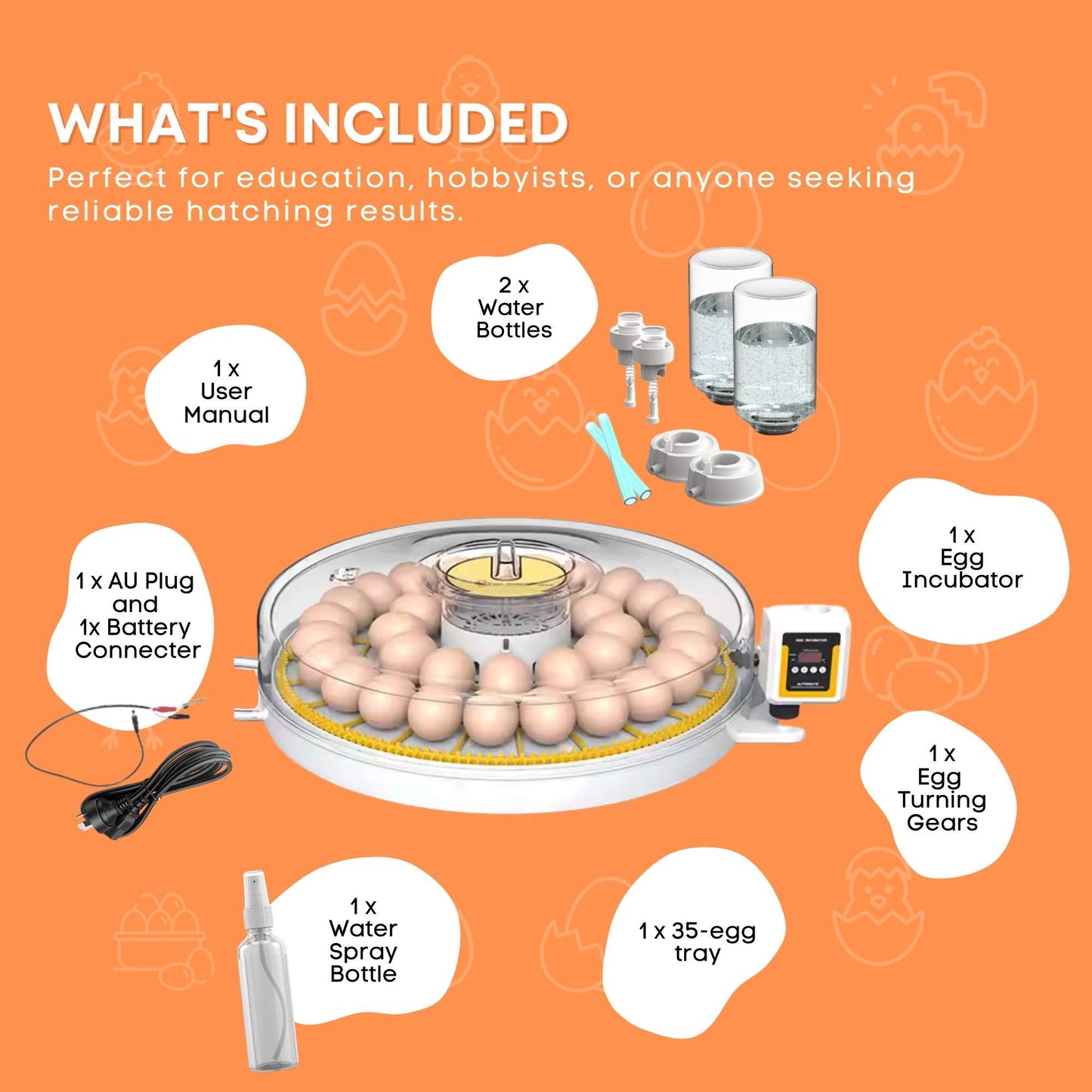 Egg incubator set with components on an orange background