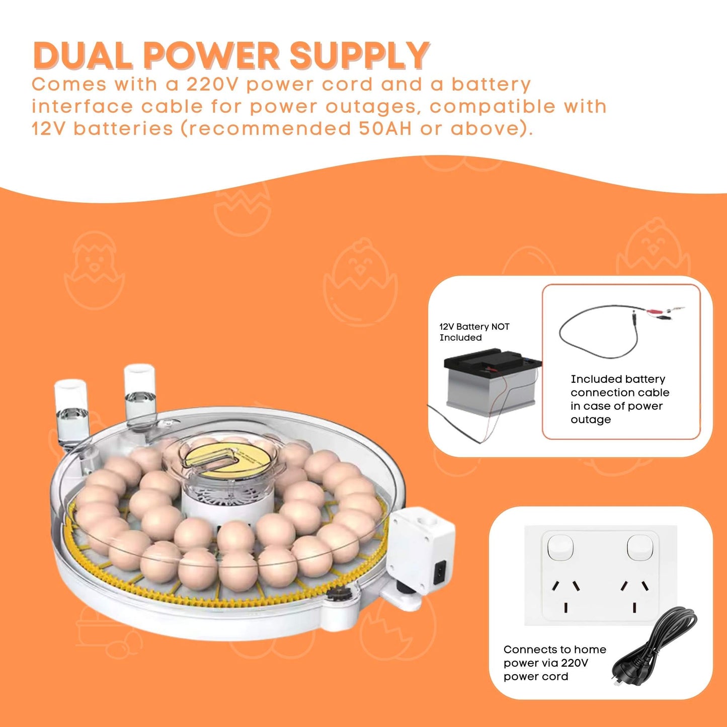 Egg incubator with dual power supply system on an orange background