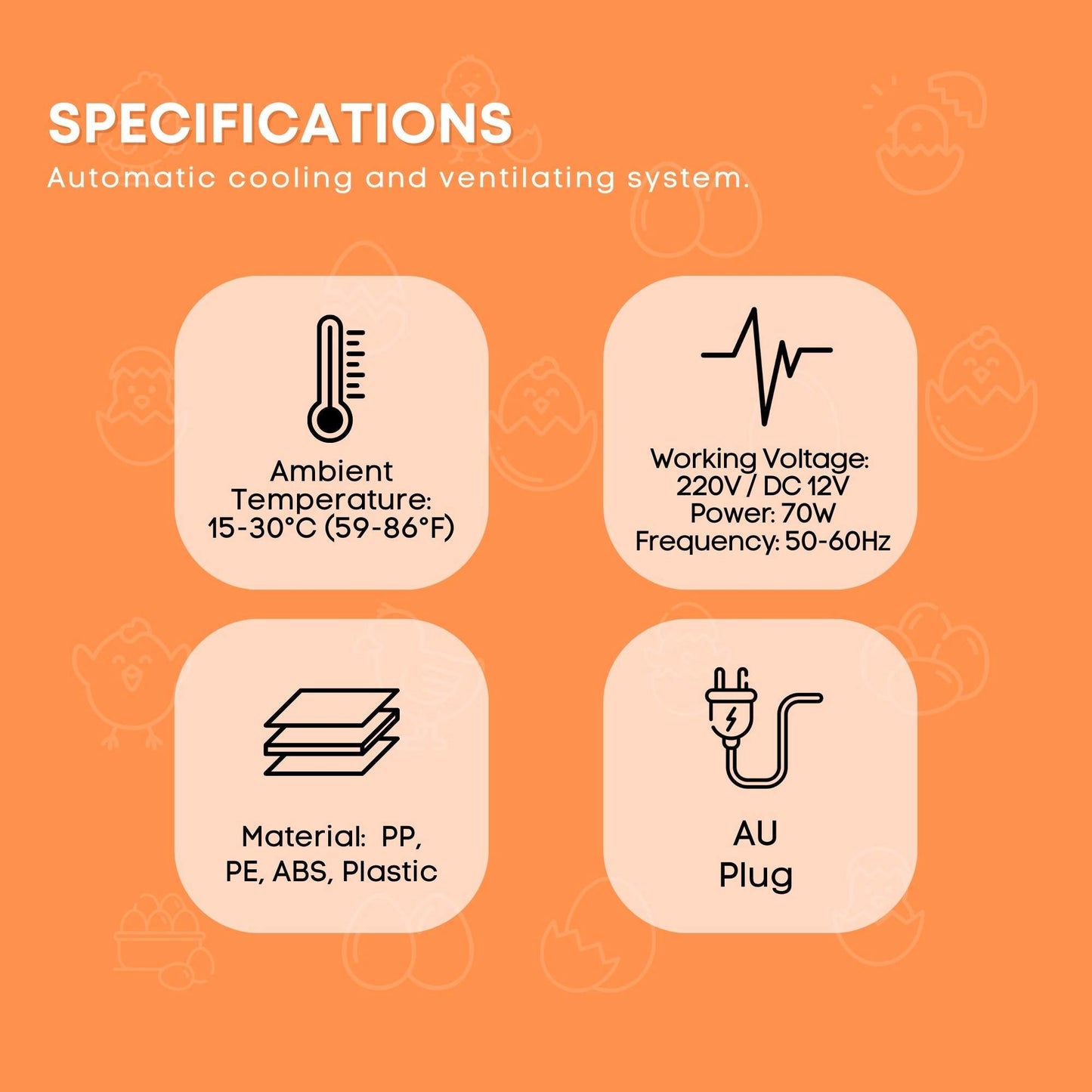Specifications of an automatic cooling and ventilating system on an orange background
