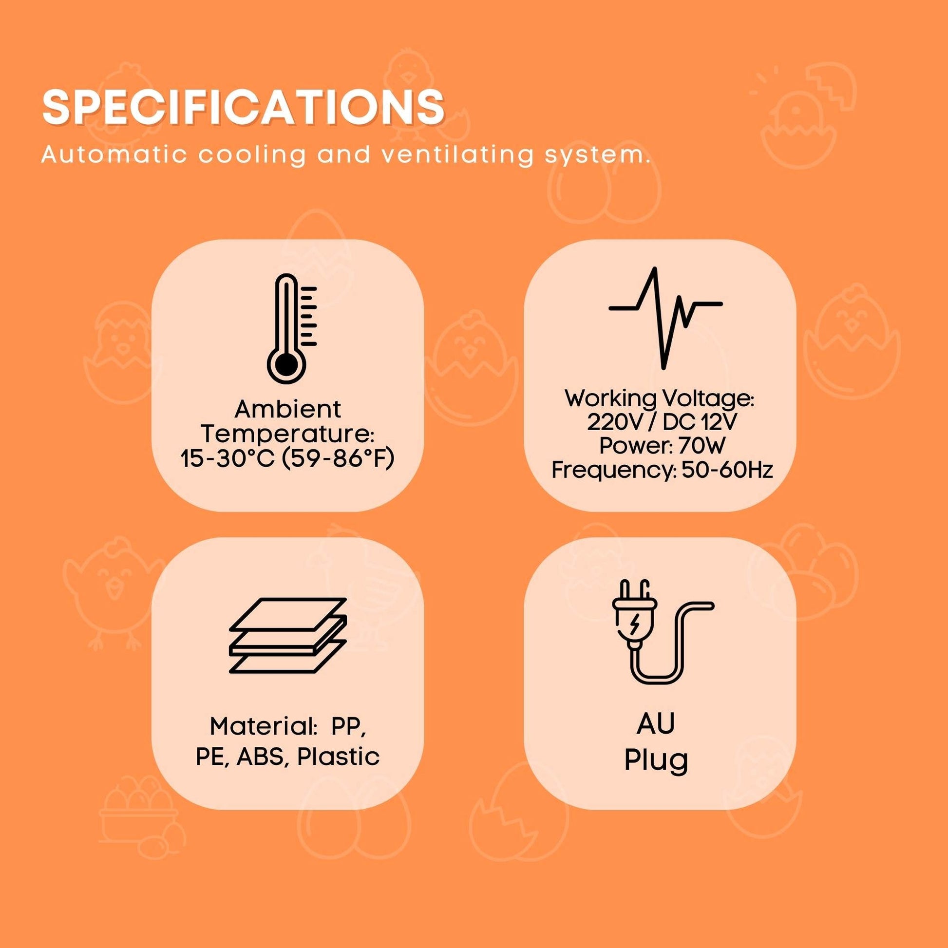 Specifications of an automatic cooling and ventilating system on an orange background
