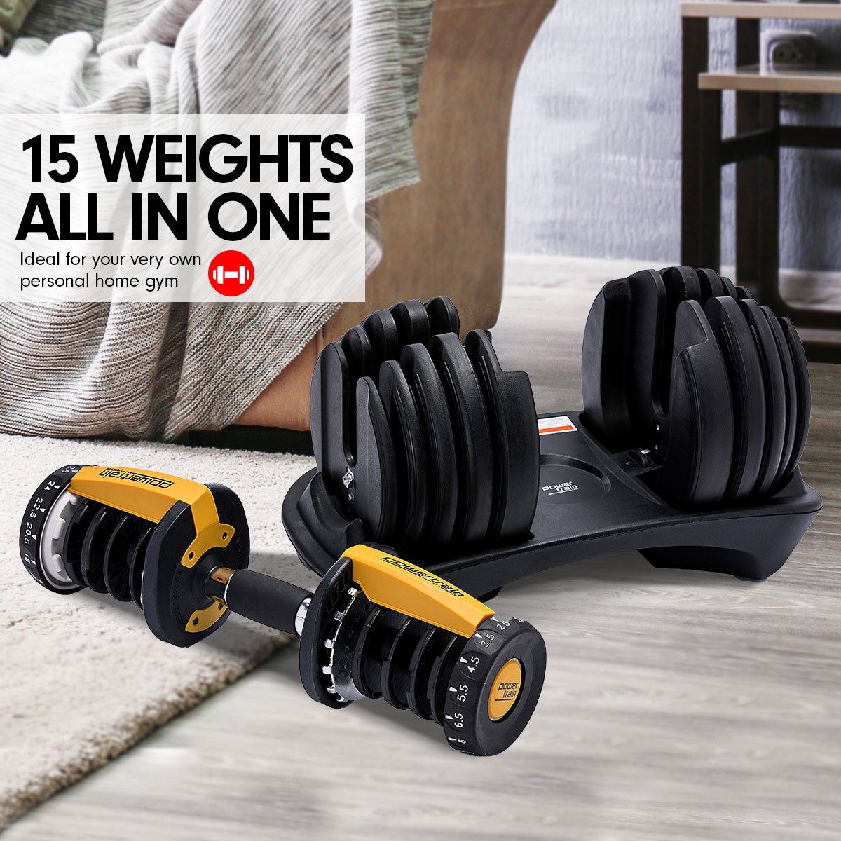 48KG Adjustable Dumbbell Set With Stand - Gold