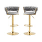 Set of 2 Adjustable Swivel Bar Stools – Grey Velvet, Gold Base