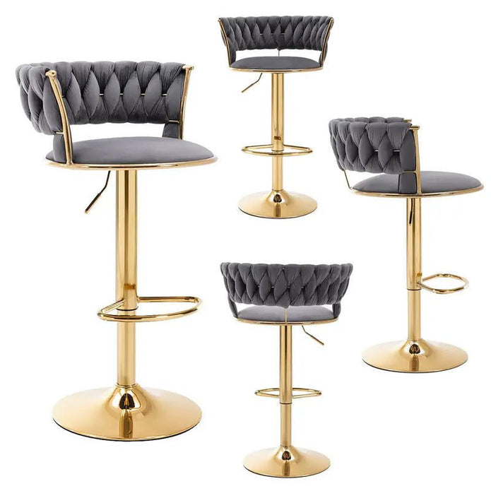 Set of 2 Adjustable Swivel Bar Stools – Grey Velvet, Gold Base