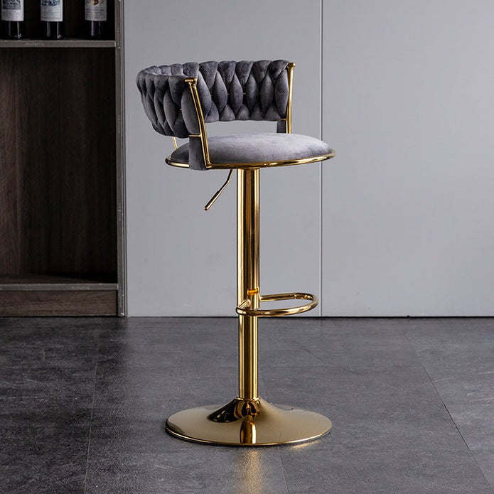 Set of 2 Adjustable Swivel Bar Stools – Grey Velvet, Gold Base